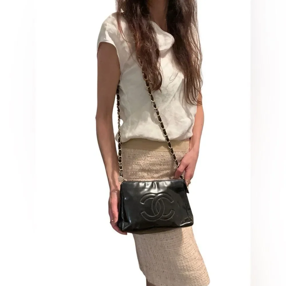 Chanel Black Pouch Bag with Iconic Logo added chain